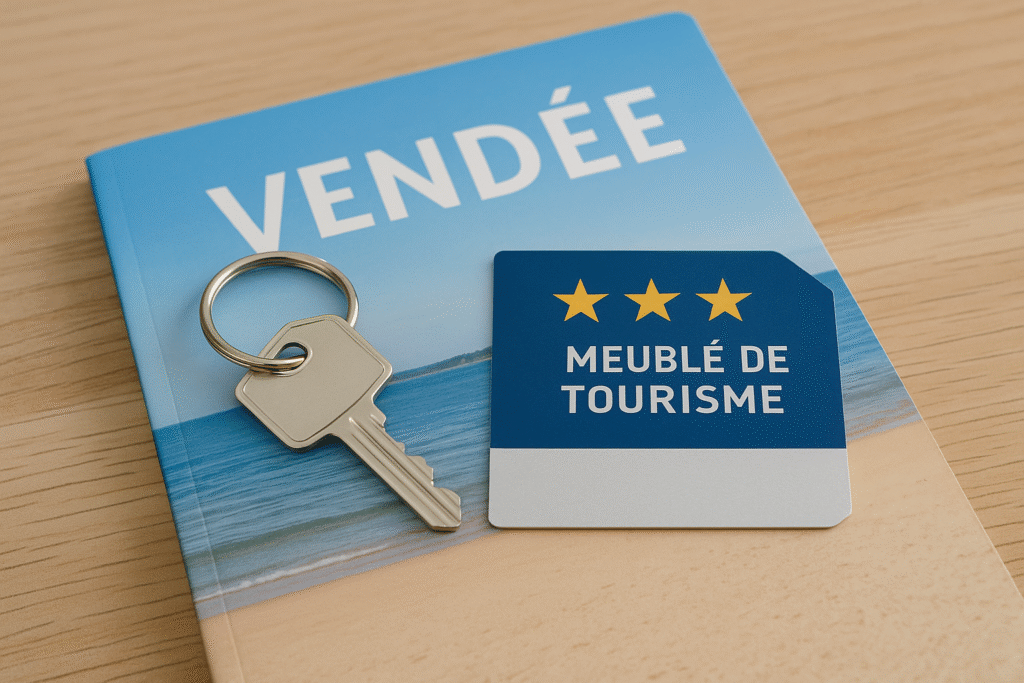 Clé de maison posée sur un guide touristique de la Vendée avec badge étoiles Meublé de tourisme